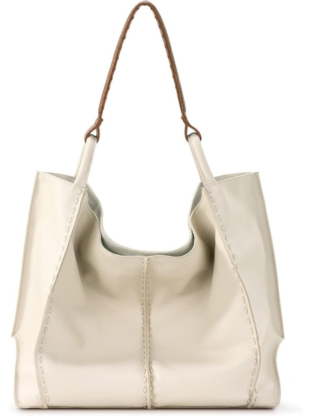 Women's Beige Leather Causal Zipper Pocket Shoulder Strap Slouchy Hobo Tote Bag